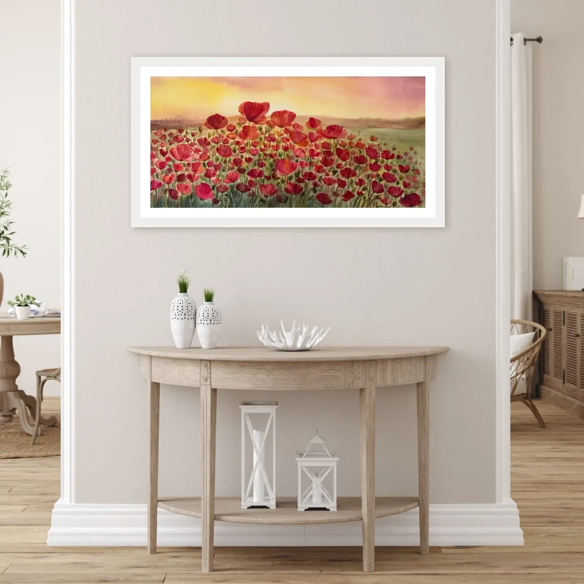 An expressive watercolor of pink flowers with red centers and layered green foliage