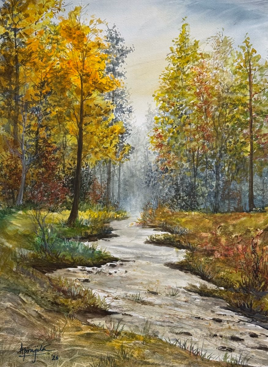 A watercolor painting of a winding stream flowing through an autumn forest. Tall trees with yellow, orange, and red leaves line the banks, with a misty background and sunlight filtering through.