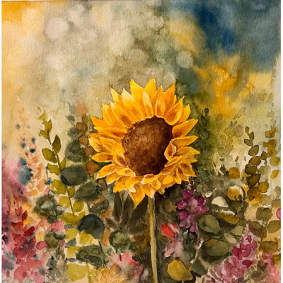 A watercolor painting of a bright yellow sunflower in full bloom, surrounded by various green leaves and smaller colorful flowers, against a soft, hazy background.