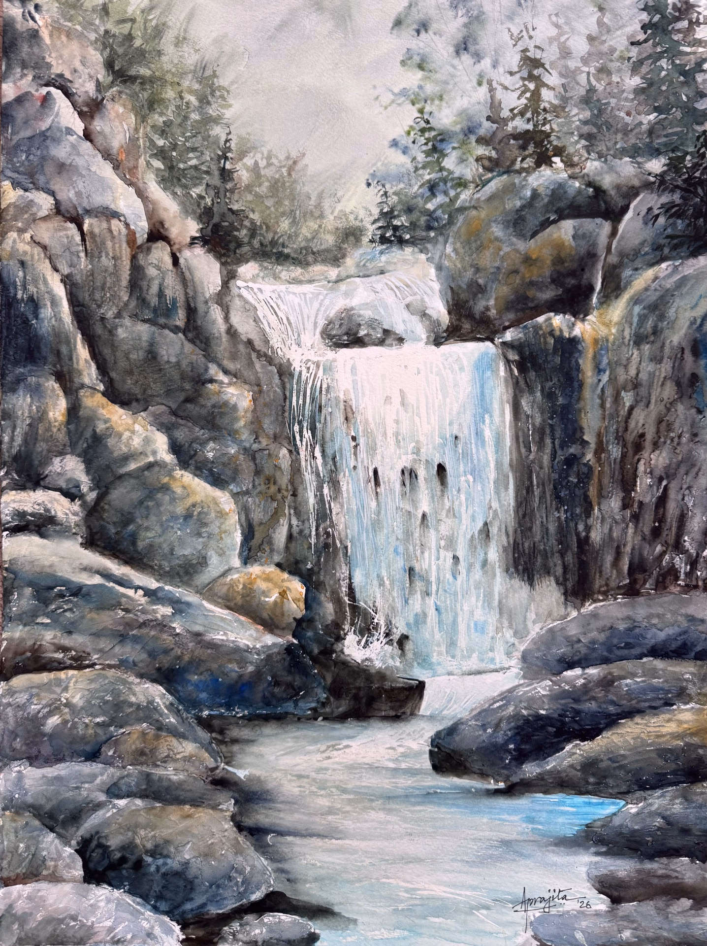 A watercolor painting of a waterfall cascading down a rocky cliff face into a pool of water. Lush green trees are visible at the top, and large grey rocks surround the water.