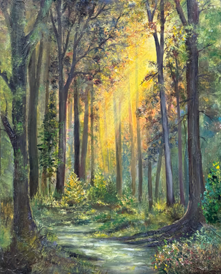 An acrylic painting of a forest scene with strong sunlight breaking through the trees and illuminating a path and undergrowth.